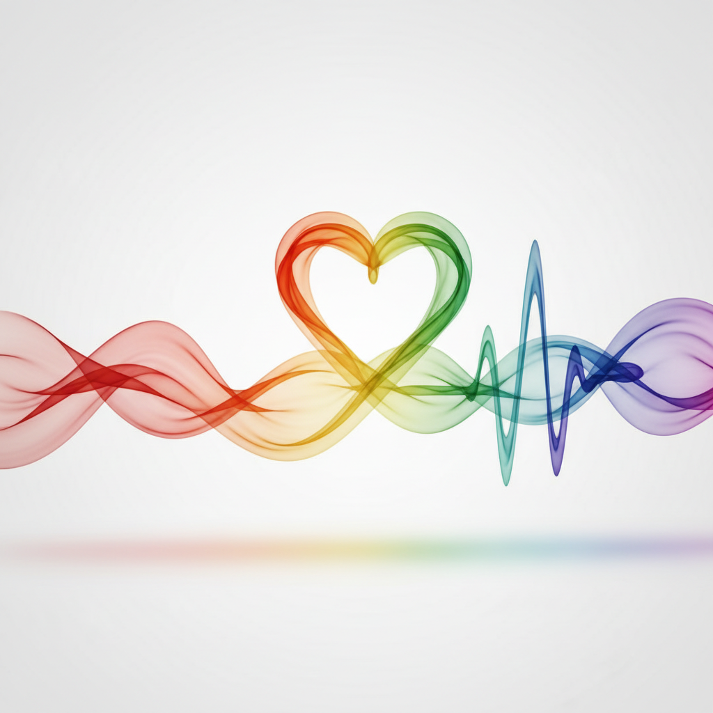 Colorful swirling smoke forming a heart shape and an electrocardiogram line on a white background.