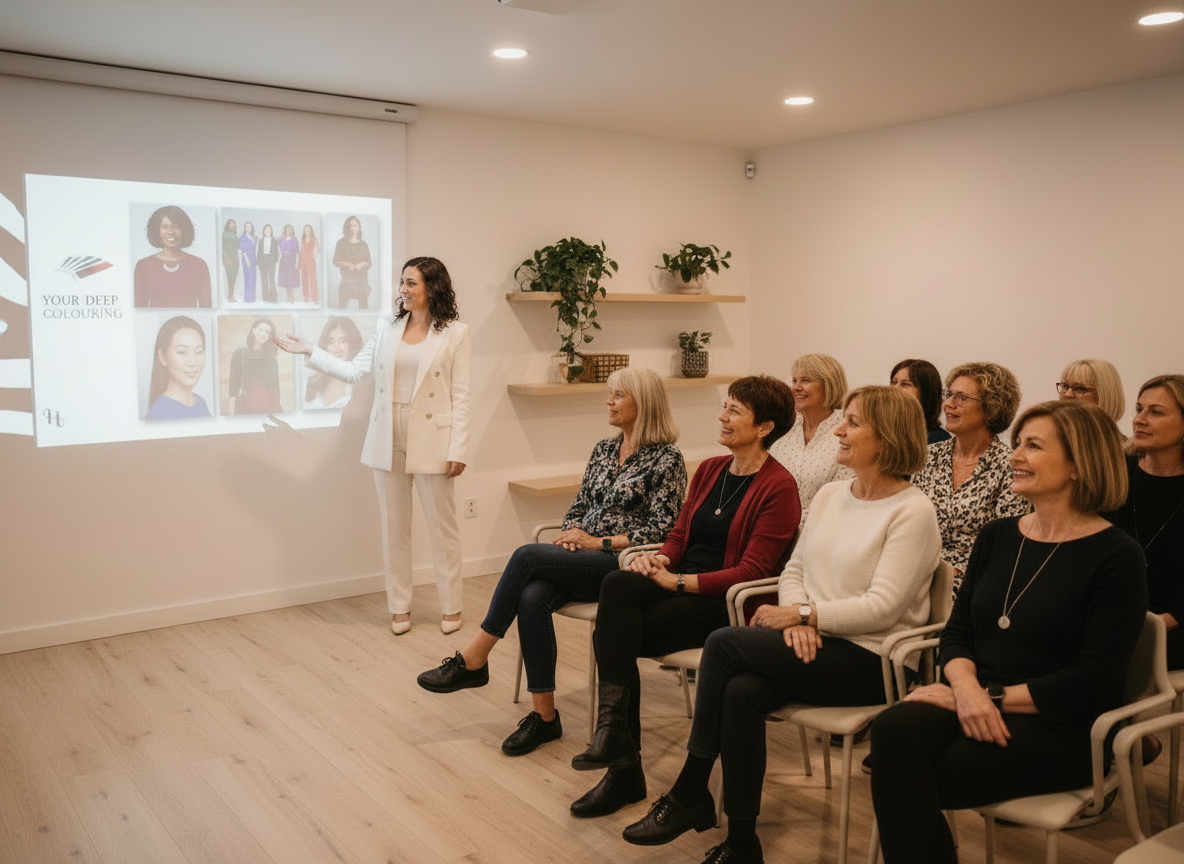 Melanie Foster Lozinski Image consultant  in a white suit giving a colour presentation to a group of predominantly women seated in chairs, with a slide showing various women with different hairstyles and the text 'Your Deep Colouring.'