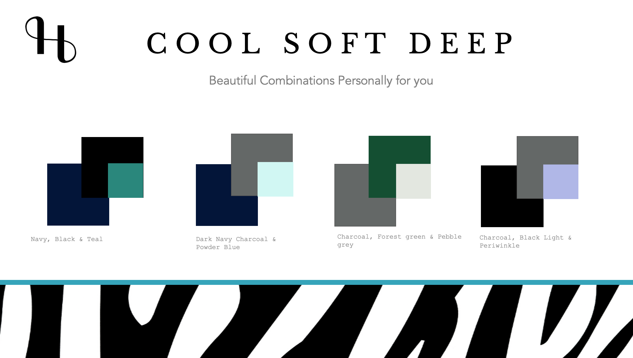 Design showcasing four color combinations: Navy, Black, and Teal; Dark Navy Charcoal and Powder Blue; Charcoal, Forest Green, and Pebble Grey; Charcoal, Black Light, and Periwinkle. Each combination is represented by overlapping color blocks with descriptive text underneath.