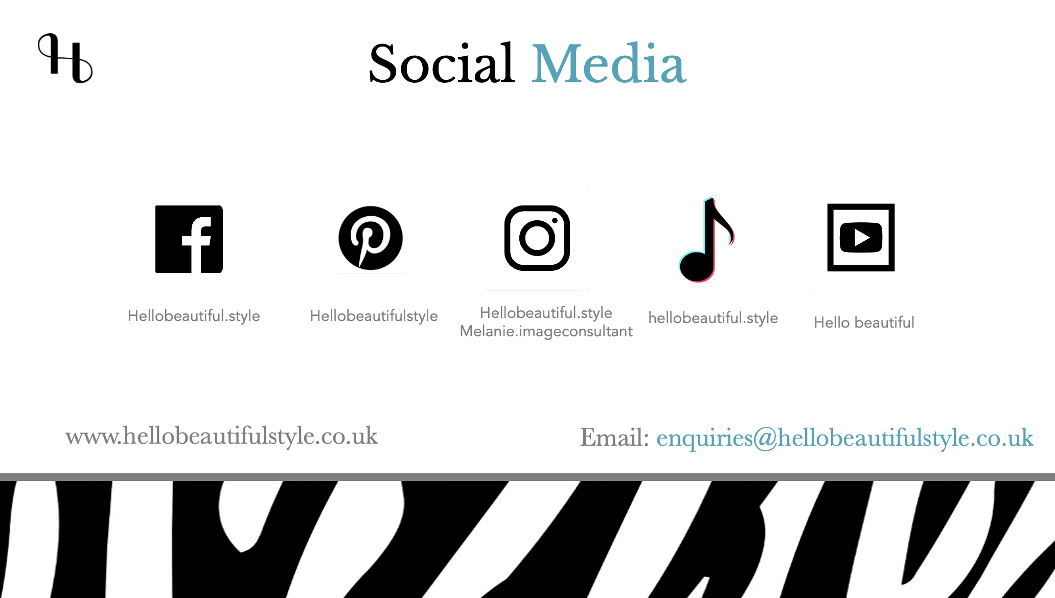 Social media contact information page with icons for Facebook, Pinterest, Instagram, TikTok, and YouTube, and the website URL www.hellobeautifulstyle.co.uk with email enquiries@hellobeautifulstyle.co.uk.