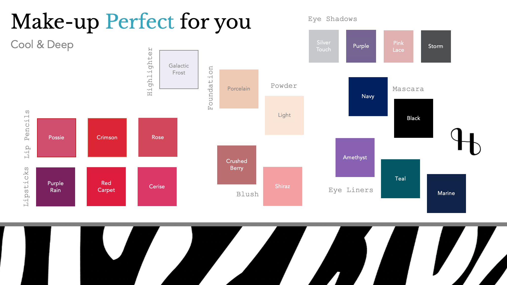 A makeup color palette chart with various shades labeled by color name, including categories for lips, eyes, blush, foundation, powder, mascara, and eye liners, featuring colors like red, purple, beige, blue, and pink.