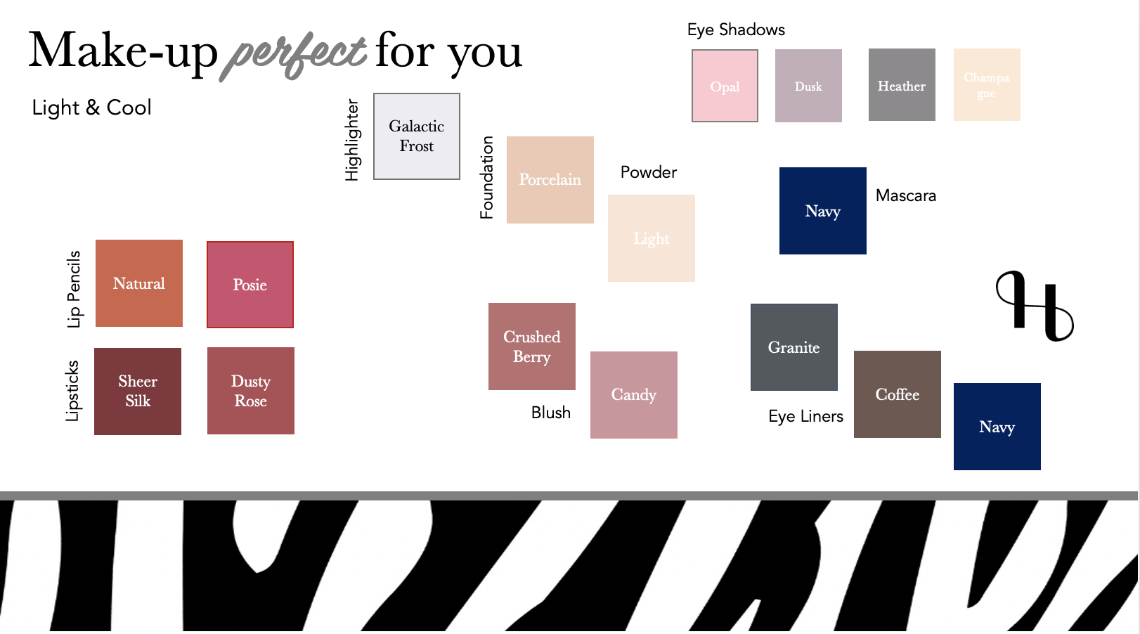 A makeup color guide chart with categories for lip pencils, lipsticks, eye shadows, foundation, powder, blush, mascara, eye liners, and lipstick shades, showing various color swatches and labels for each product.
