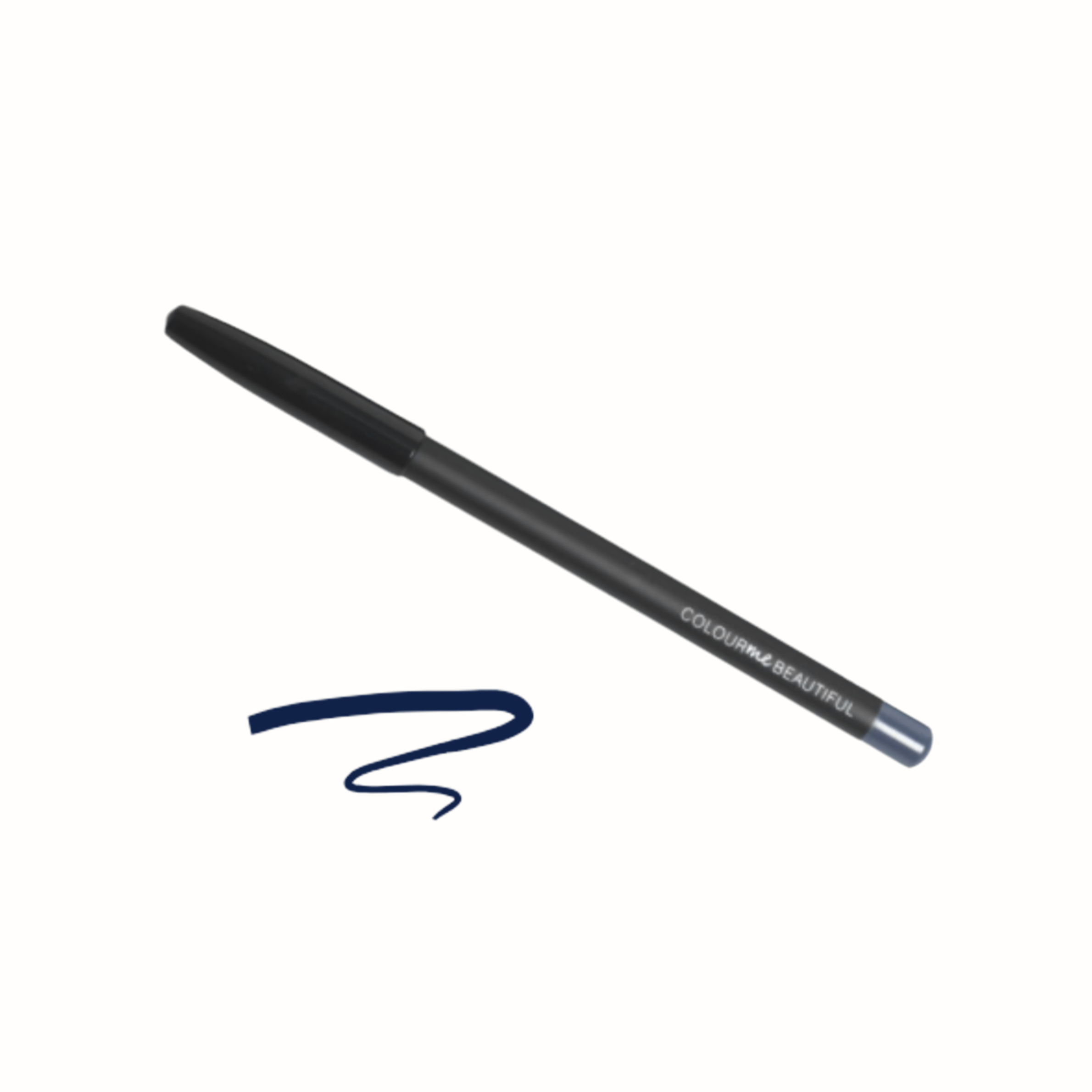 Black eyeliner pencil with a blue curl of eyeliner drawn on a white background