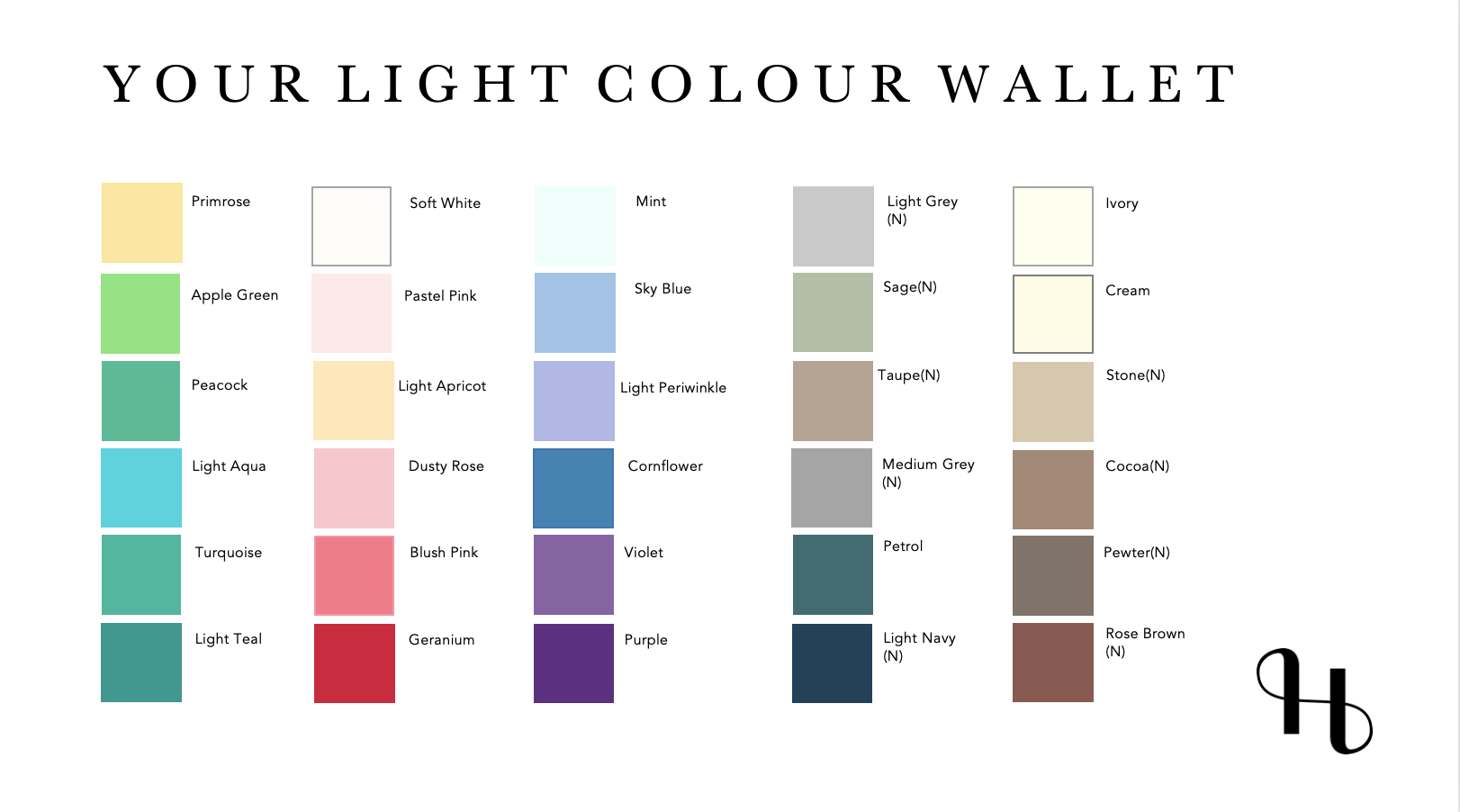 A color palette chart titled 'Your Light Colour Wallet' displaying many light colors with their names, including Primrose, Soft White, Mint, Light Grey, Ivory, Apple Green, Pastel Pink, Sky Blue, Light Apricot, Stone, Peacock, Light Periwinkle, Taupe, Dusty Rose, Cornflower, Bluish Violet, Violet, Geranium, Purple, Light Aqua, Turquoise, Light Teal, Petrol, Light Navy, and Rose Brown. A logo or monogram with the initials 'cb' appears at the bottom right corner.