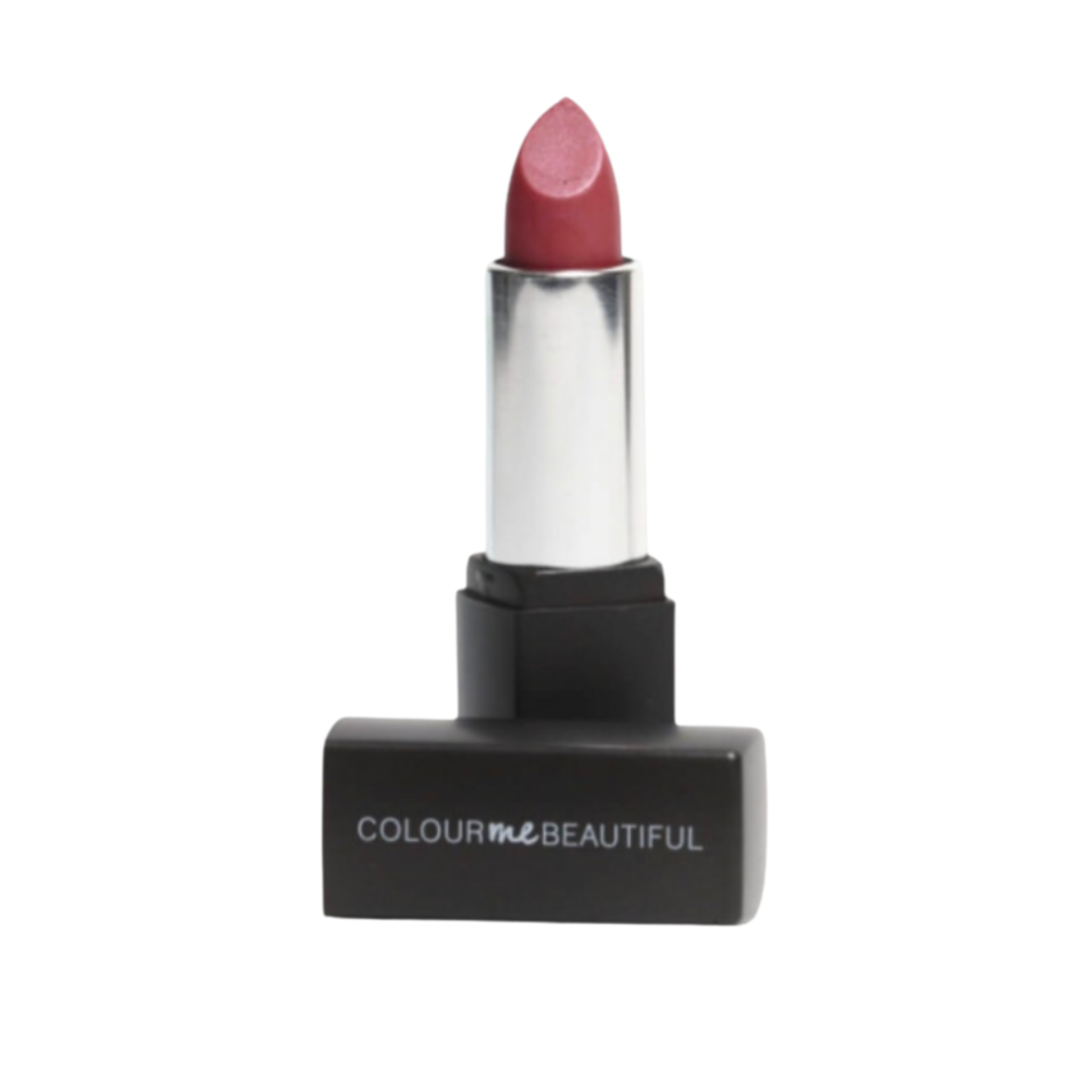 Close-up of a lipstick in a silver tube with pinkish-red color, standing on a black display block with the word 'COLOUR' visible.