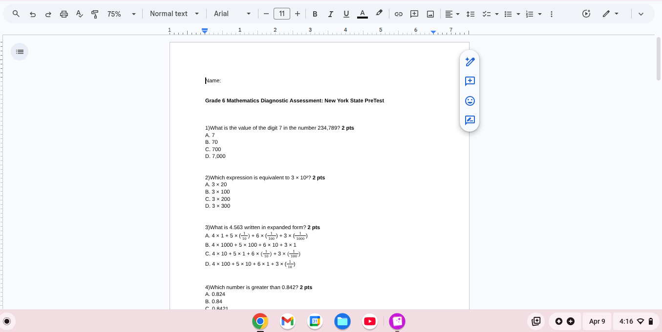 Sixth Grade Math Diagnostic