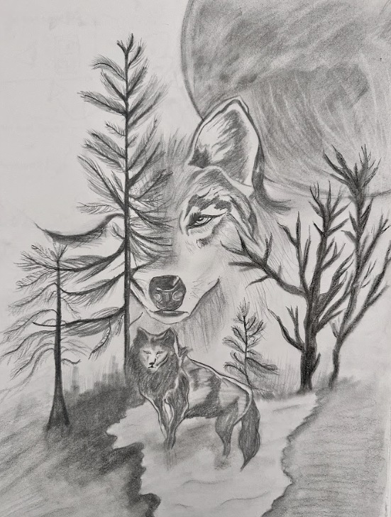 Dessin au crayon représentant un loup et un lion à l'arrière-plan, avec des arbres et un chemin forestier.