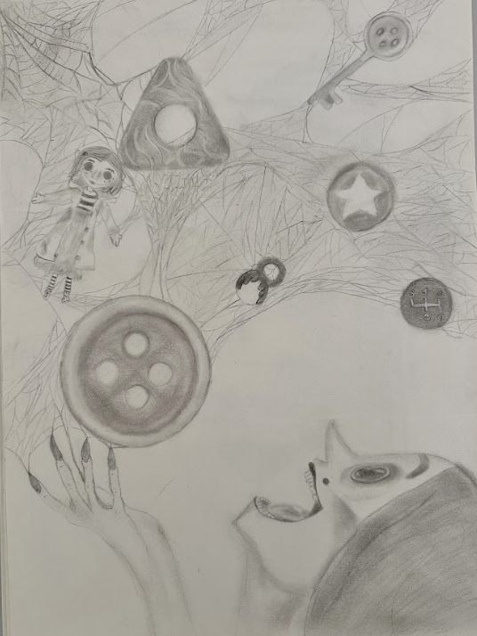 Dessin au crayon représentant une main tenant un bouton de quatre trous, une silhouette de personnage enfant avec un sourire, et diverses formes flottantes comme des boutons, une étoile, et un triangle, dans un décor de toile d'araignée.