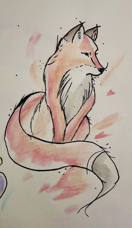 Une illustration d'une renarde avec un style artistique délicat, utilisant des contours noirs et des couleurs pastel pour le pelage.