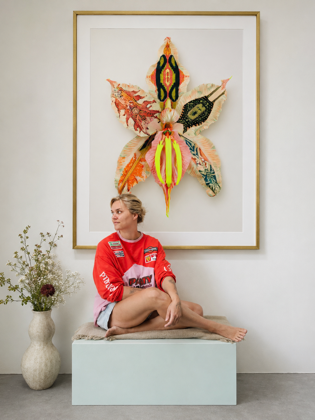 A woman with short blonde hair wearing a red and pink racing shirt with patches, sitting cross-legged on a beige cushion atop a white platform, with a tall beige vase of flowers on her left and a large framed colorful butterfly artwork on the wall behind her.