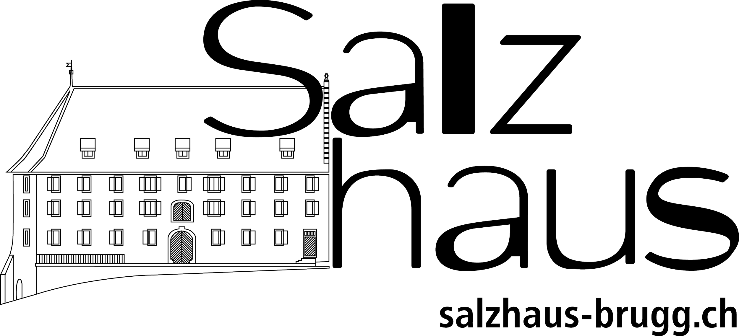 Logo des Salzhauses Brugg mit einer Skizze des Gebäudes und der Website salzhaus-brugg.ch.