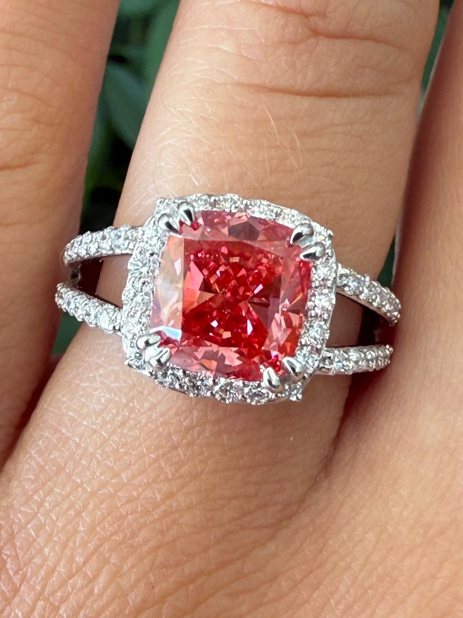 14k White Gold Lab Grown Fancy Vivid Red 3.01CT Diamond Ring- Size 7