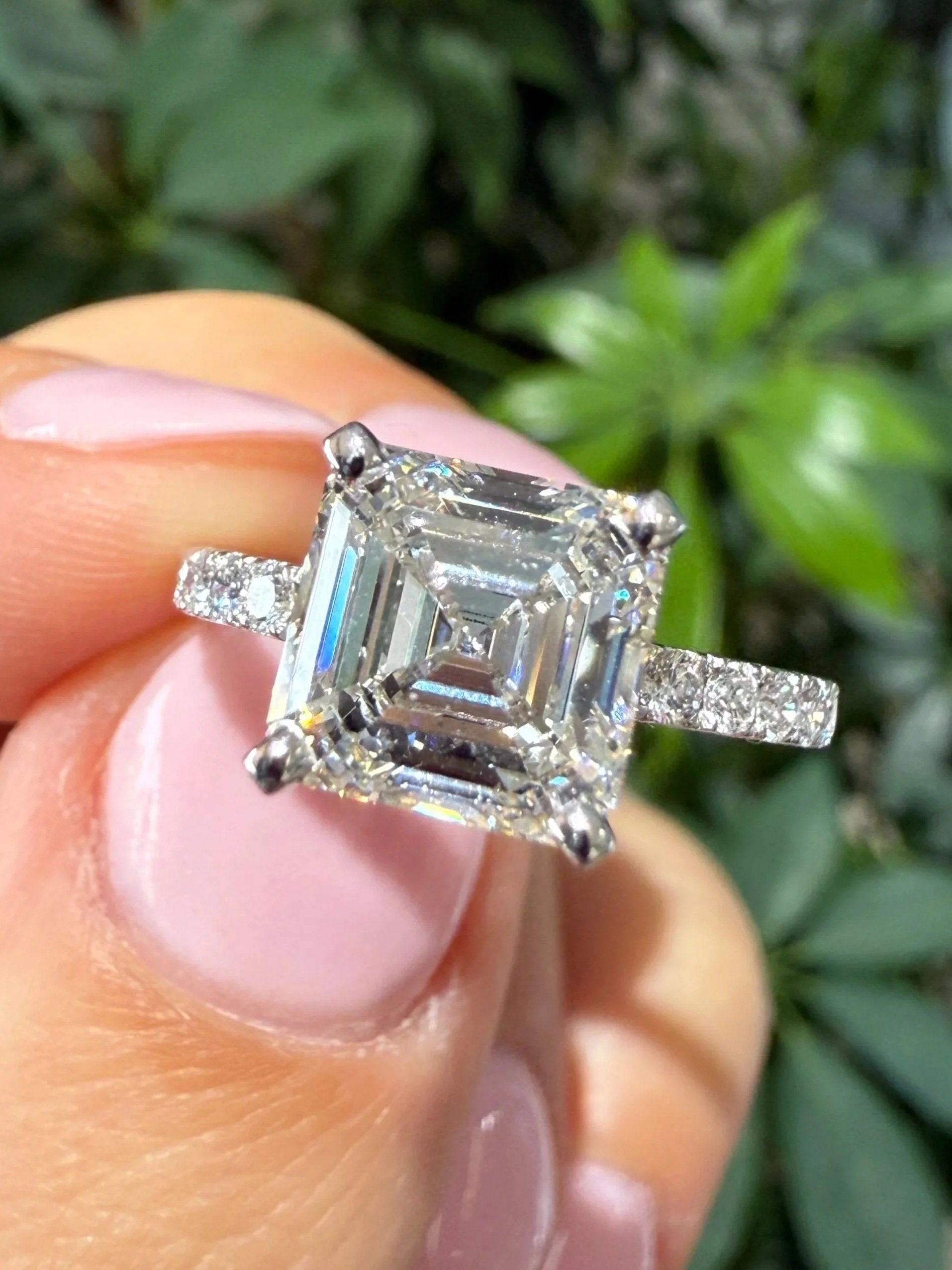 14k White Gold Lab Grown 2.92CT Square Emerald Cut Ring- Size 6.75