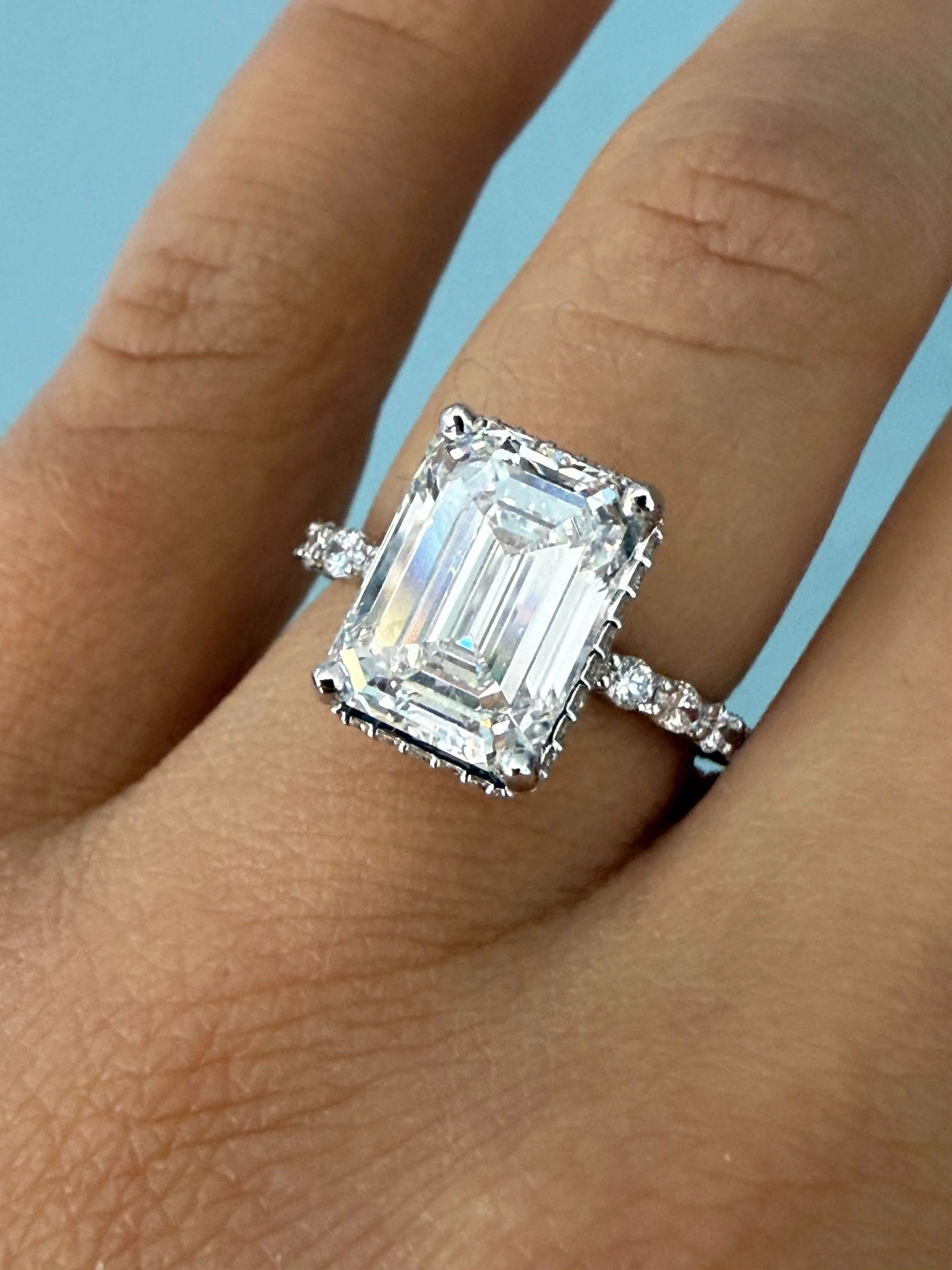 14k White Gold Lab Grown Emerald Cut 4.95CT Diamond Ring- Size 6.75