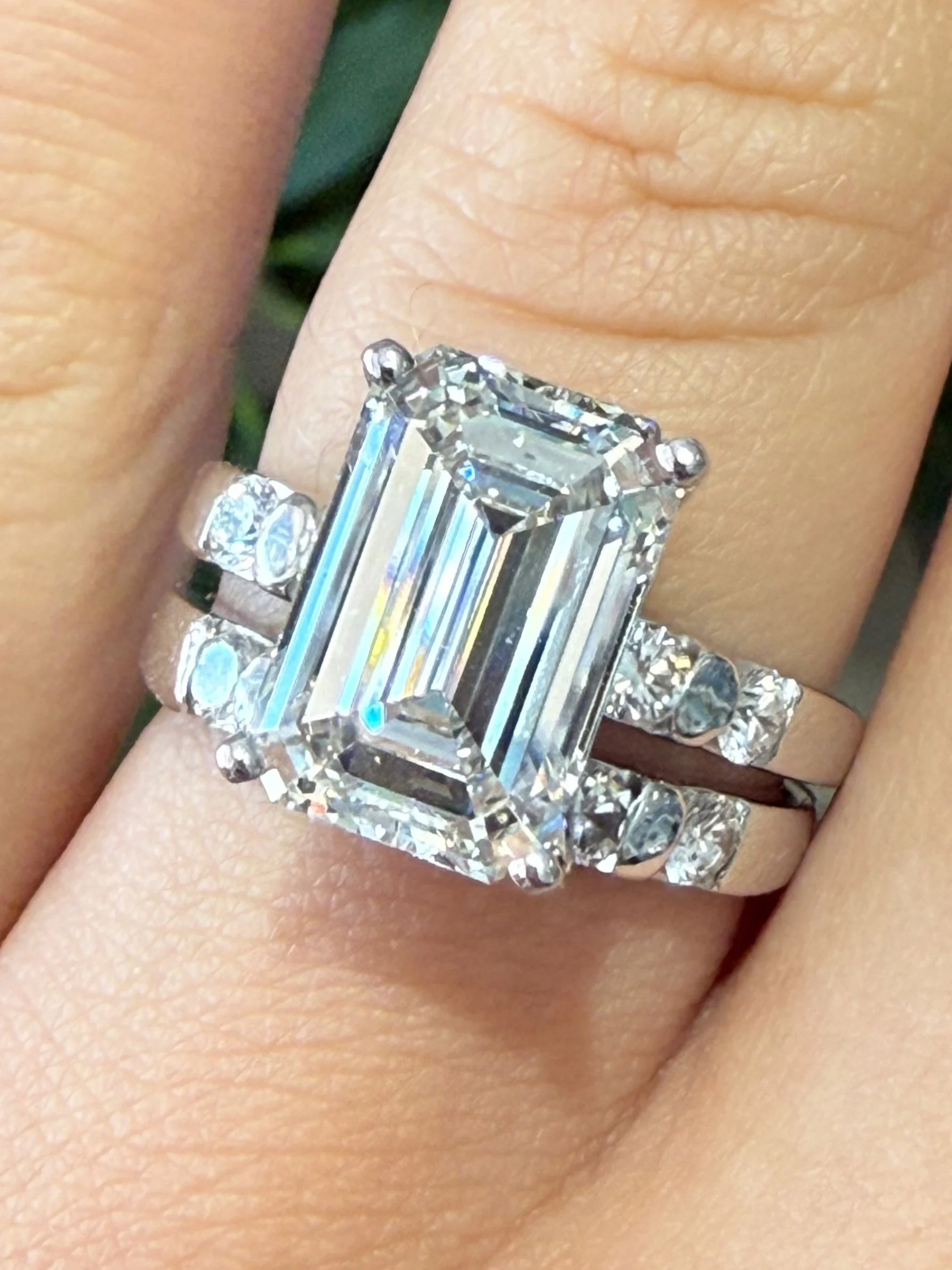 14k White Gold Lab Grown Emerald Cut 5.80CT Diamond Wedding Ring Set- Size 7.25