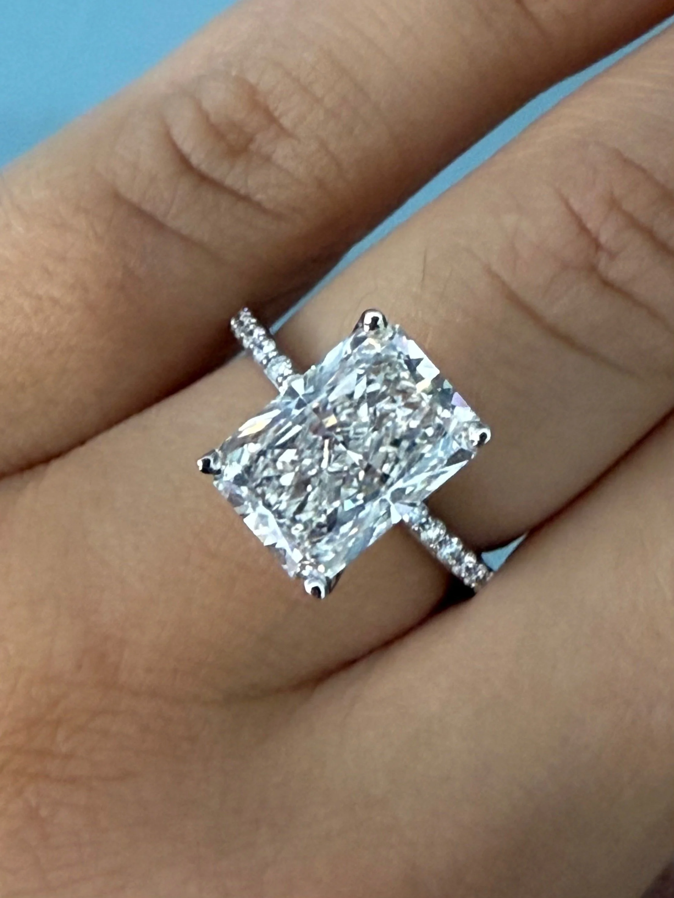 14k White Gold Lab Grown Radiant 5.10CT Diamond Ring- Size 6.25
