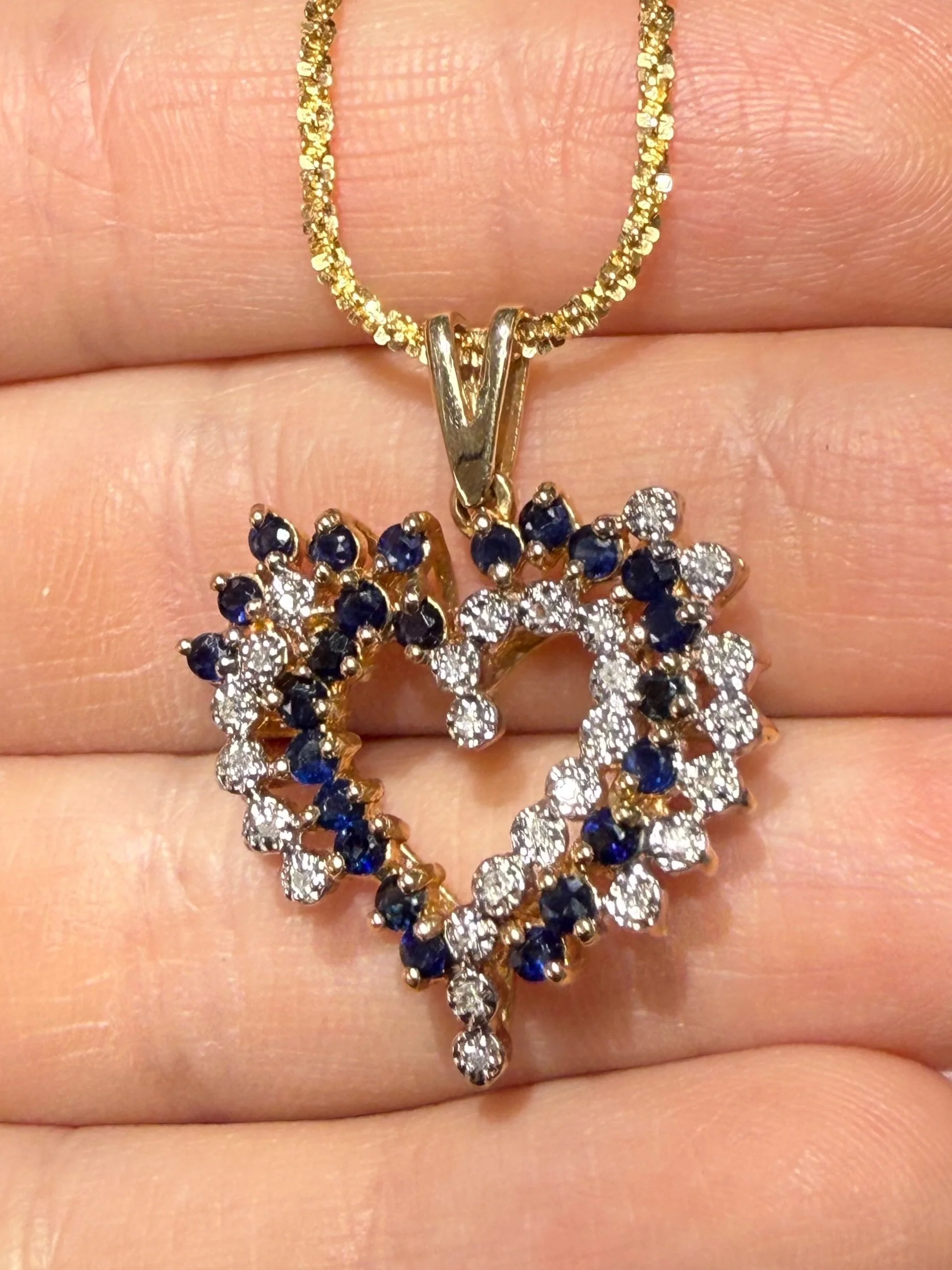 14k Yellow Gold 17" Chain with 10k Gold 1CT Sapphire & 1CT Diamond Heart Pendant