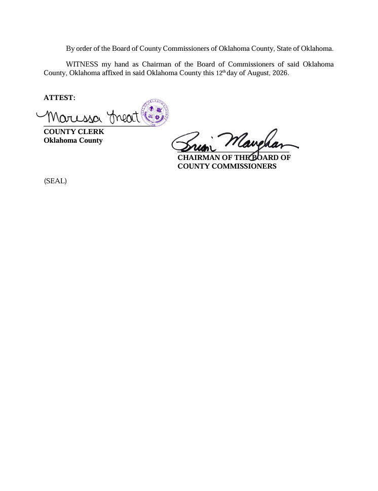 Official document signed by Oklahoma County officials, with signatures, a purple stamp, and typed text.