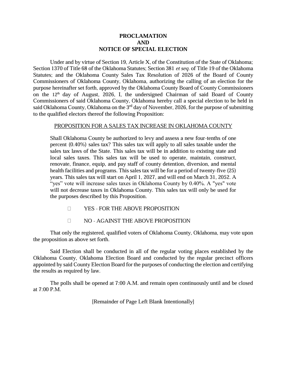 Oklahoma County special election proclamation document for a sales tax increase, including voting options and election details.
