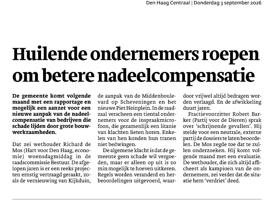 Artikel over ondernemers die klagen over schadevergoeding van de gemeente vanwege bouwprojecten, gepubliceerd in Den Haag Centraal.