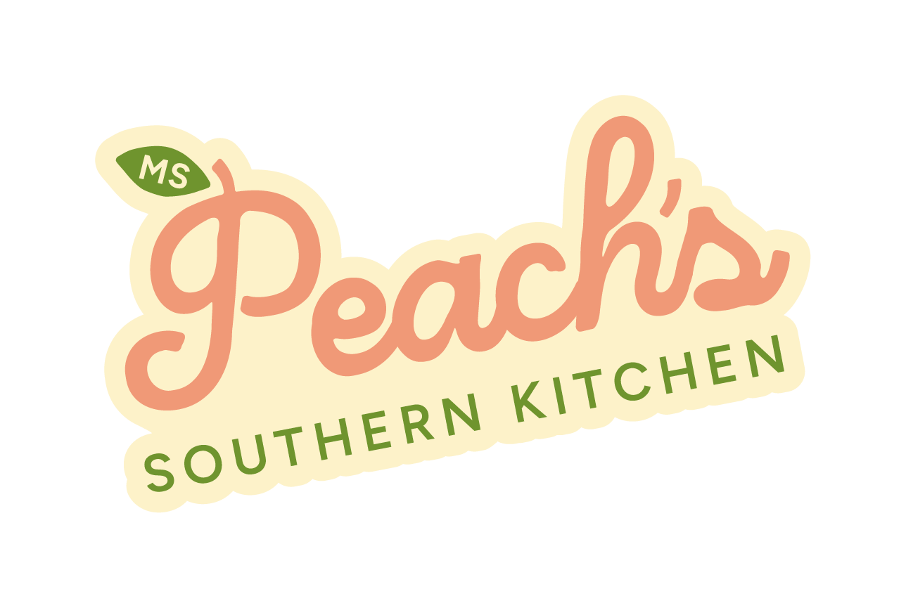 Logo for Peach's Southern Kitchen, featuring the word 'Peach's' in pink cursive with a green leaf marked 'MS' and 'Southern Kitchen' in green capital letters underneath.