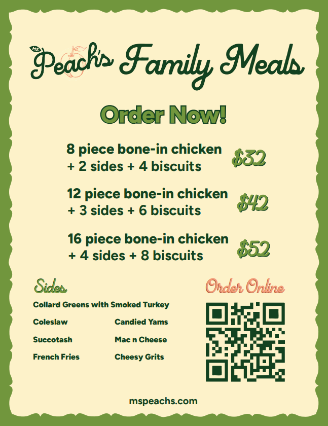 Peach's Family Meals flyer showing three meal options with prices, a list of sides, a QR code for online ordering, and the website.