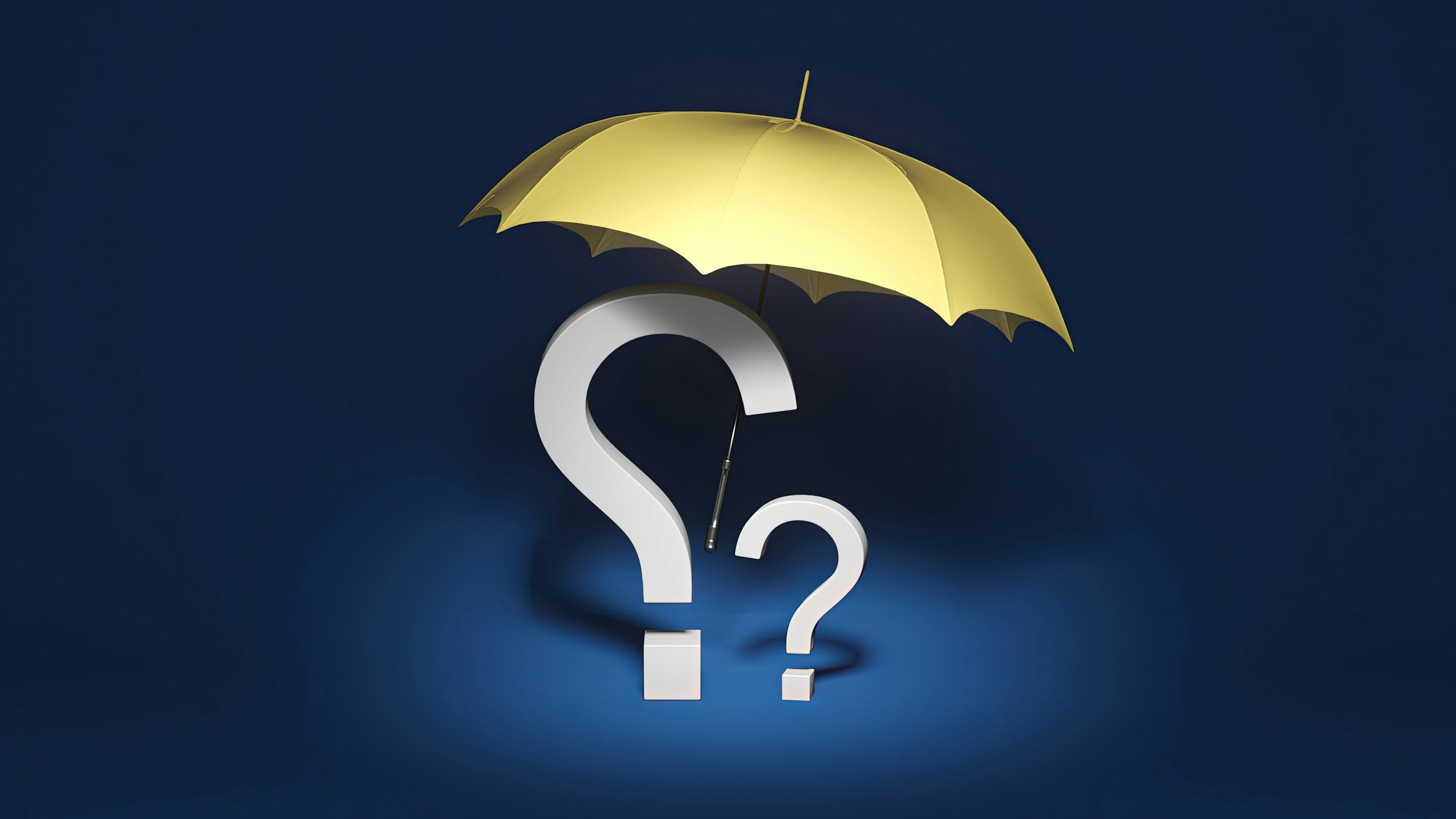 A yellow umbrella covering two large white question marks on a dark blue background.