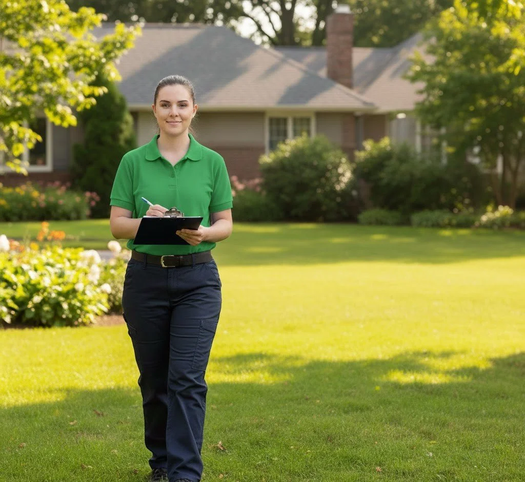 A woman in a green polo shirt and dark pants walking on a lush green lawn, holding a clipboard and pen, with a house and trees in the background.