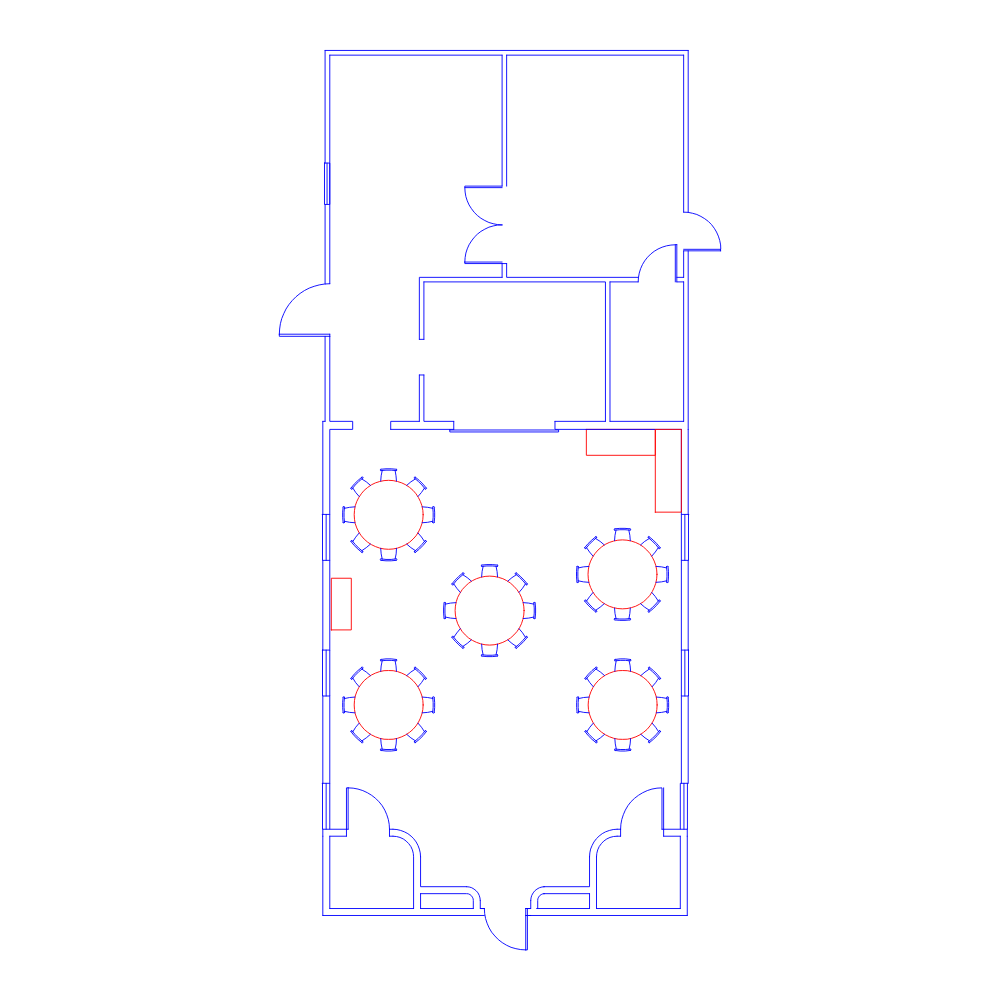 Floor plan for The Bellflower schoolhouse area with four round tables, each surrounded by blue chairs, and a small seating area at the bottom with two curved benches.