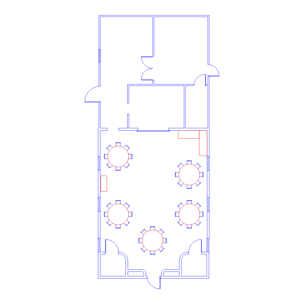 Floor plan of The Bellflower schoolhouse with multiple rooms, including a main dining area with five round tables surrounded by chairs, a kitchen area with counters, and several smaller rooms.