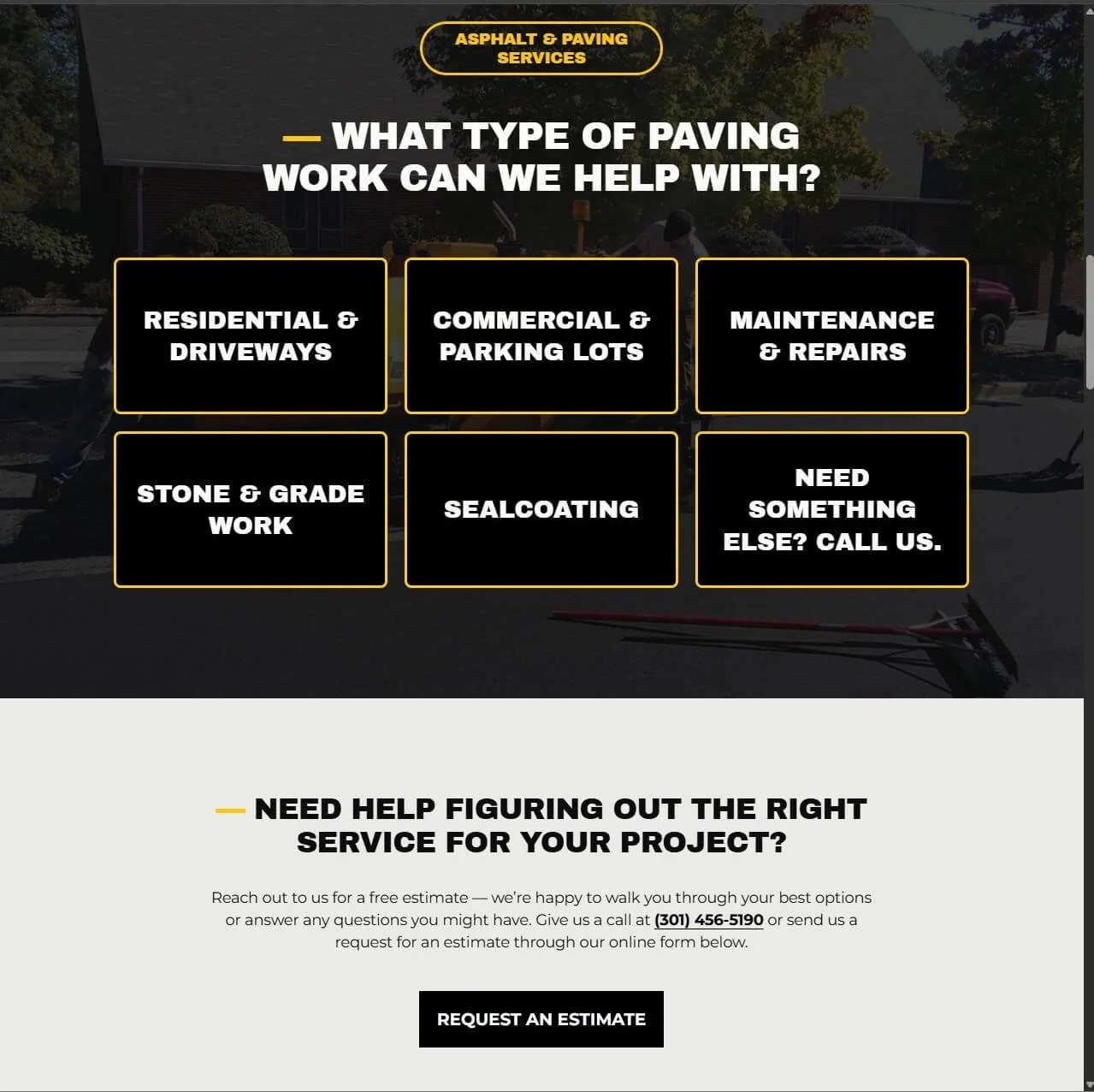 paving website service menu web page in black and yellow