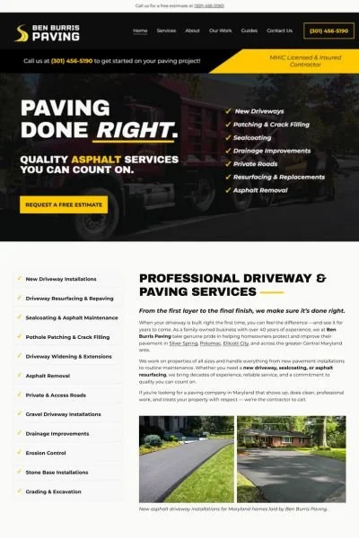 Modern website redesign for Silver Spring, Maryland paving company, screenshot of their homepage