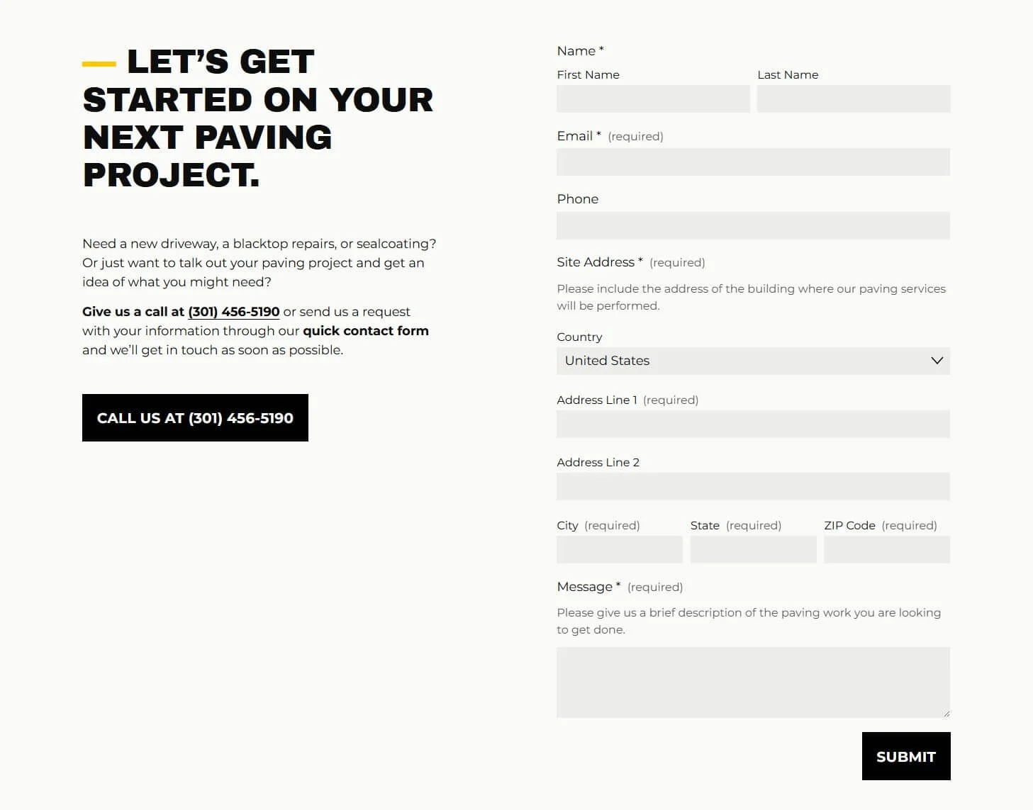 paving website contact form web page