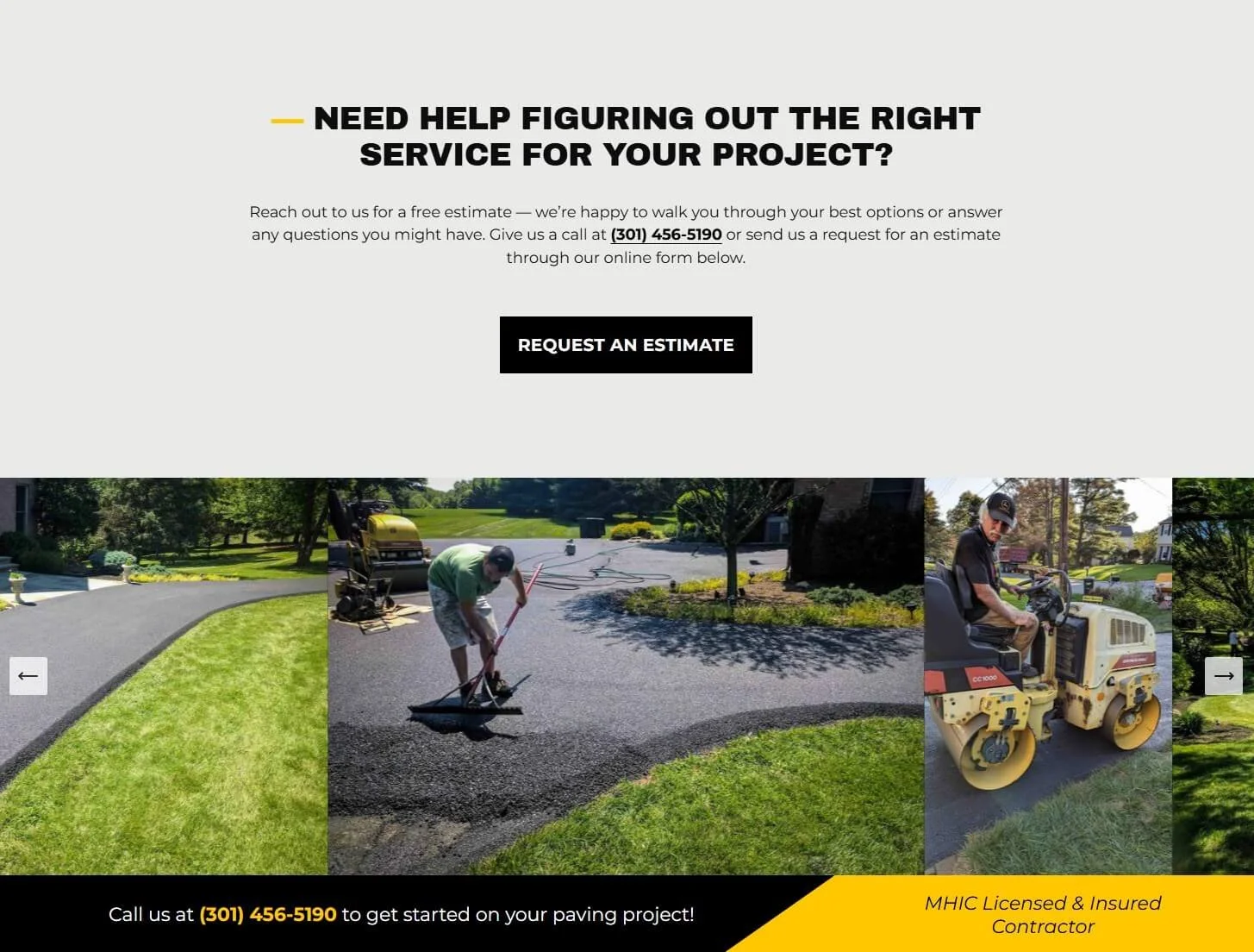 paving website call to action and photo gallery web page