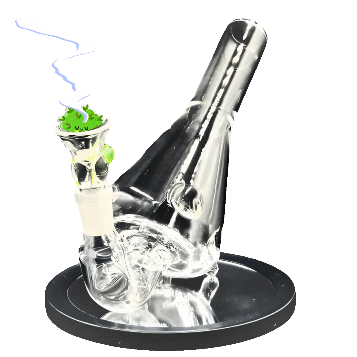 A glass smoking pipe with a decorative bowl featuring a happy face, placed on a circular black tray, with a green background.