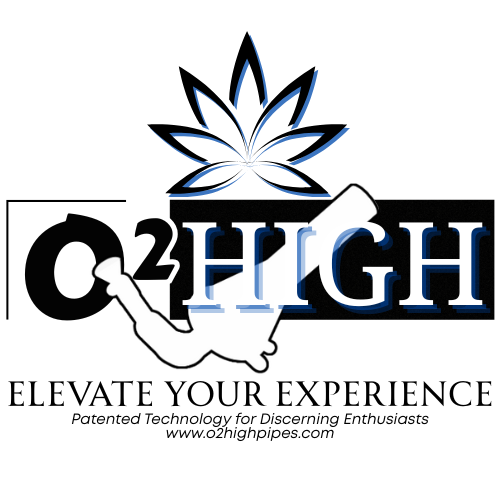 Logo featuring a blue cannabis leaf above the text 'O2 HIGH' with a white and black bong illustrative element.