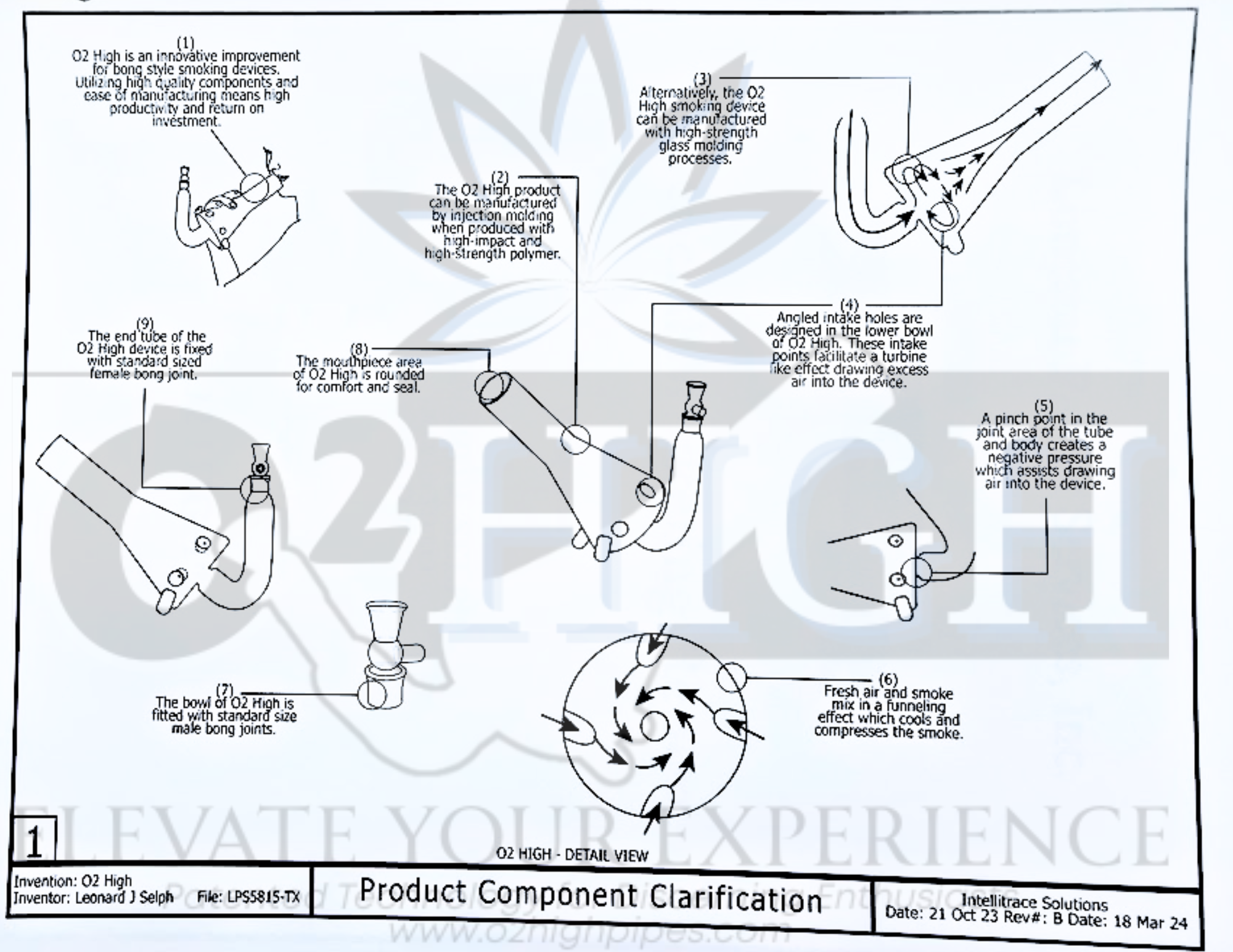 A detailed technical diagram of the O2 High smoking device with numbered parts and annotations explaining its features and manufacturing specifications.