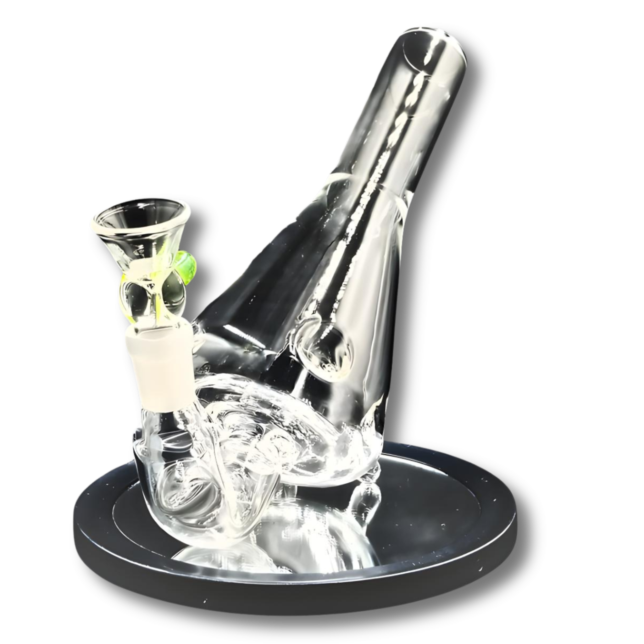 A glass pipe with a bowl and a long tube, displayed on a round reflective surface against a black background.