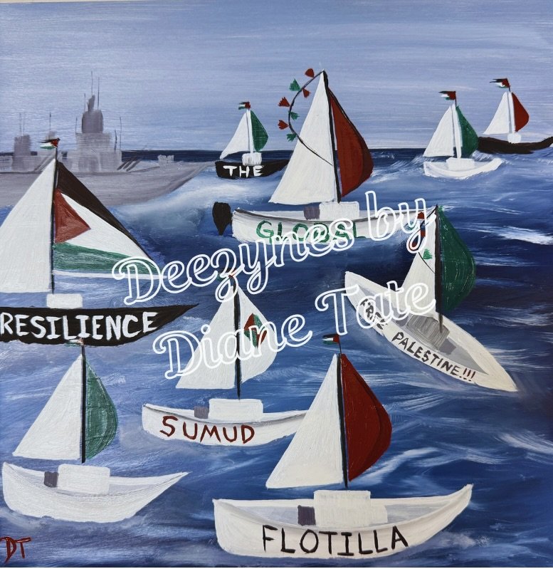 Sumud is an oil painting on canvas board. 12" X 12” depicting the Sumud Flotilla that continues to try to get humanitarian aid to the starving people of Gaza. Contact Diane for purchase.