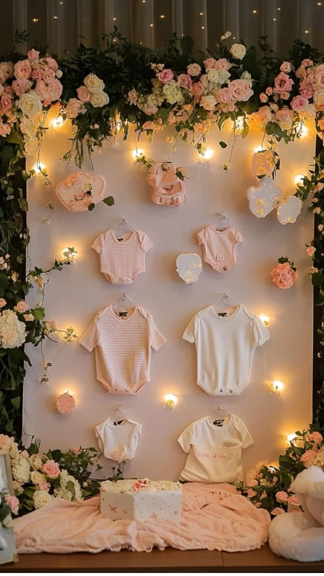 Display of baby clothes, including onesies and t-shirts, decorated with flowers and string lights at a celebration or nursery setting.