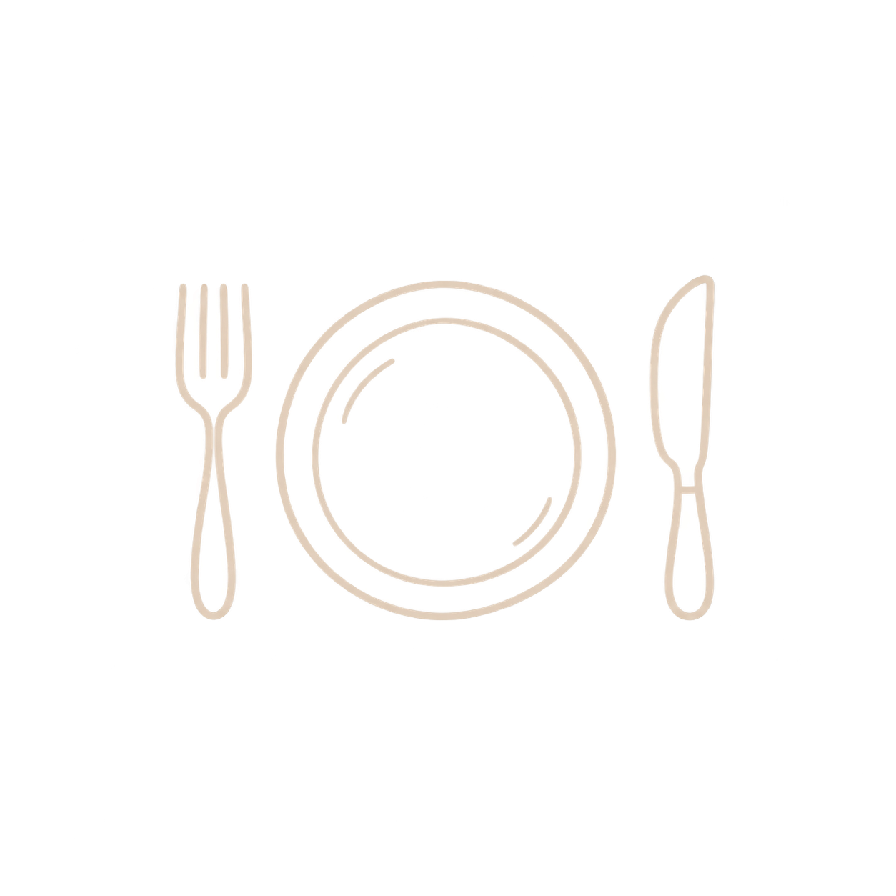 A line drawing of a fork on the left, a plate in the center, and a knife on the right, all arranged in a dining setting.