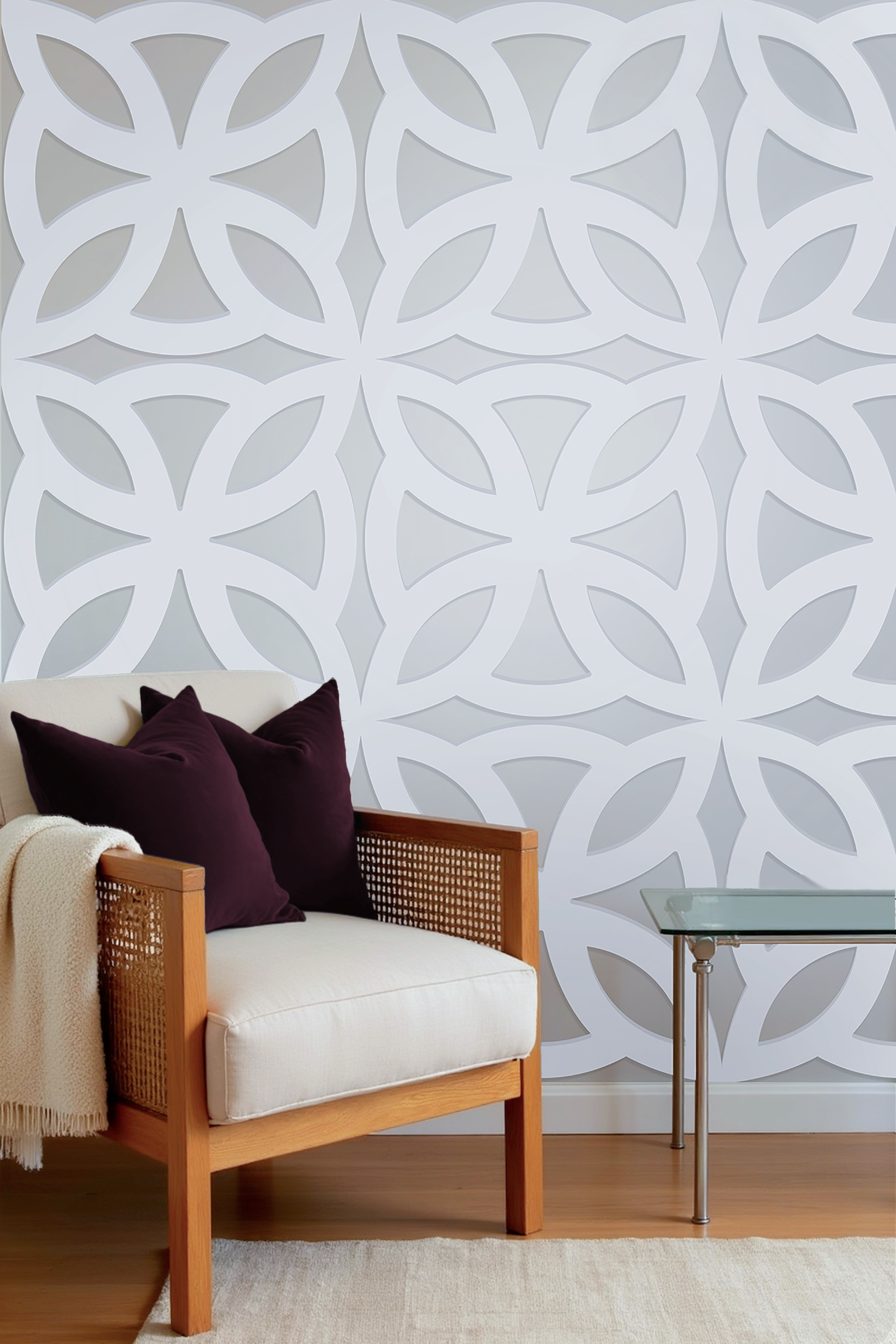 Neutral accent chair with purple velvet pillows, white floral-inspired Petal Shift wall panel behind.