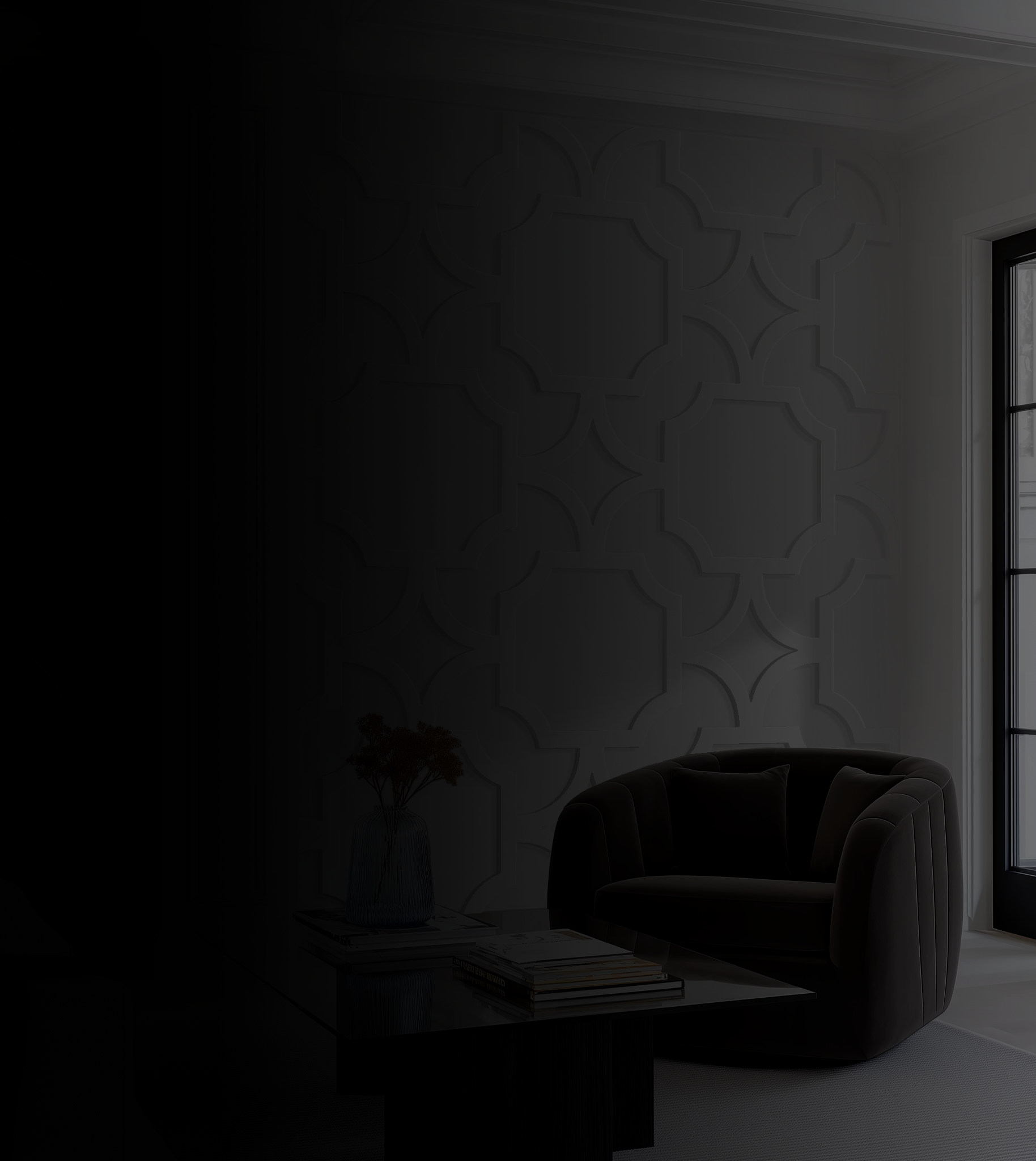 Moody, sophisticated living room interior showcasing large-scale 'Bellaire' pattern 3D wall panels behind a velvet armchair.