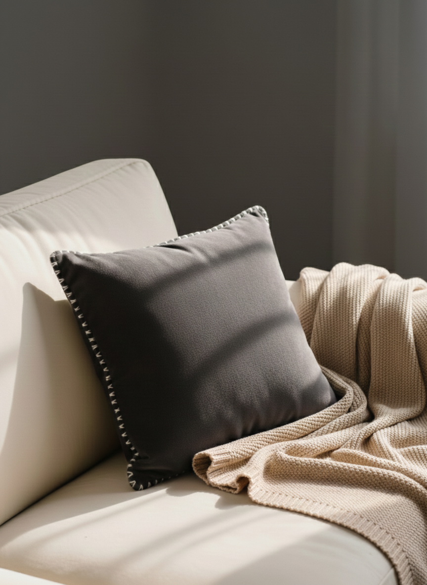 Luxury home decor detail featuring a dark charcoal grey velvet pillow with contrast stitching on a cream-colored sofa.