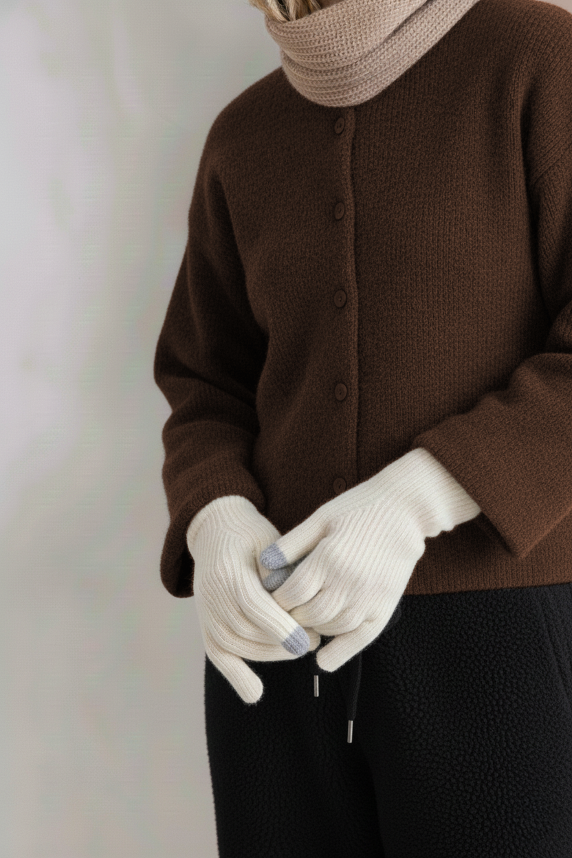 Lifestyle detail of a person wearing a sustainable brown knit sweater and off-white ribbed gloves, emphasizing texture and quality materials.