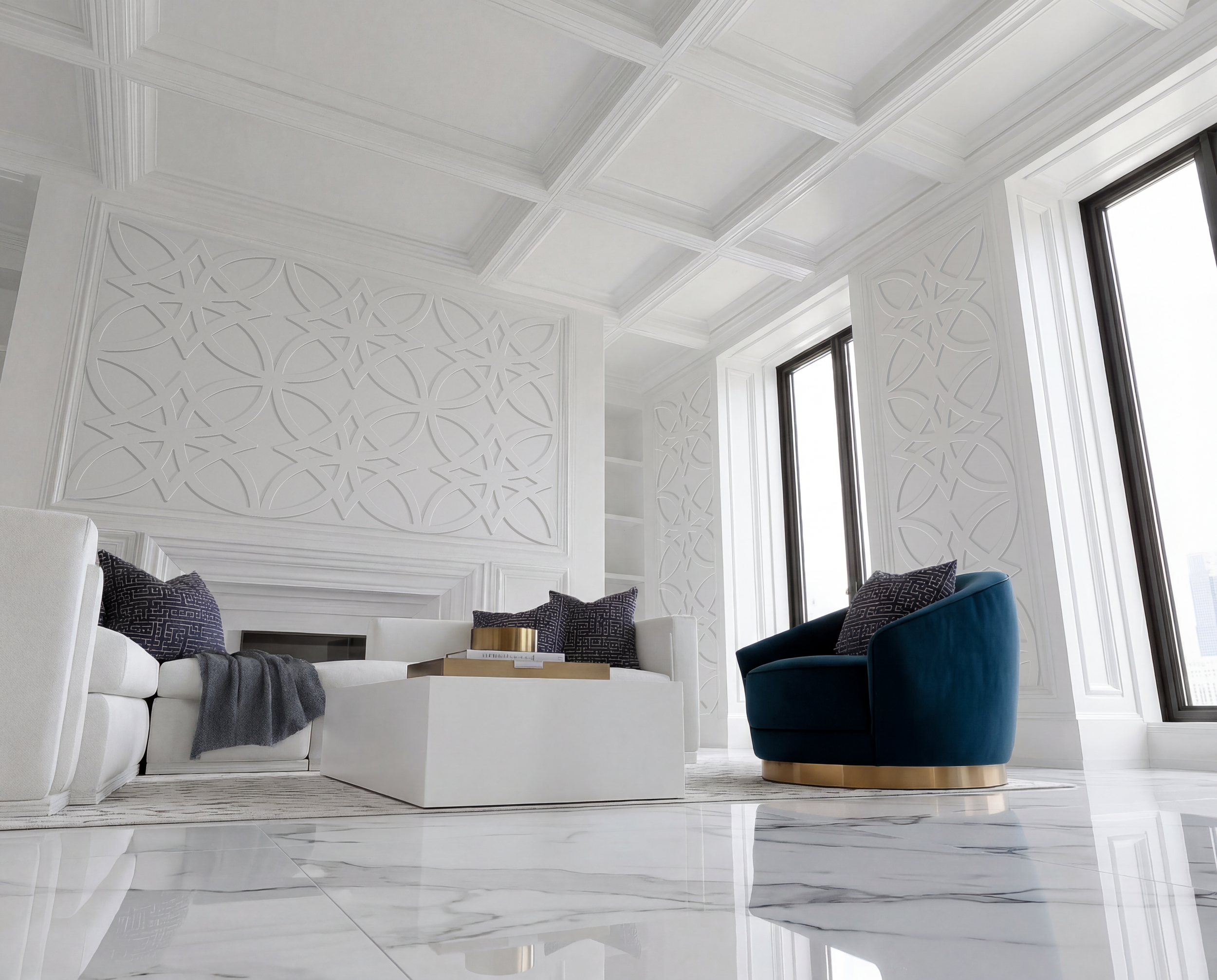 Wide-angle interior shot of a bright, modern living room with custom-fit white geometric wall panels framing a fireplace and large windows.