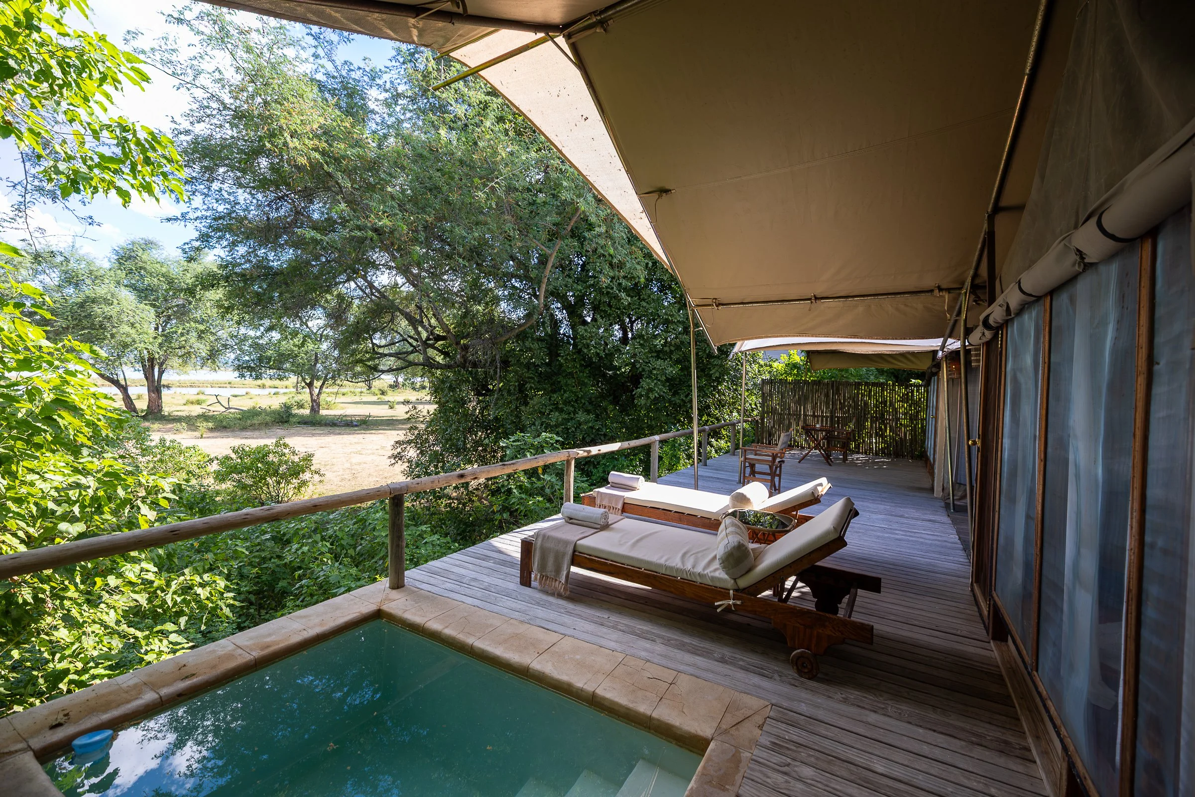 Private deck and plunge pool at an Anabezi Camp suite
