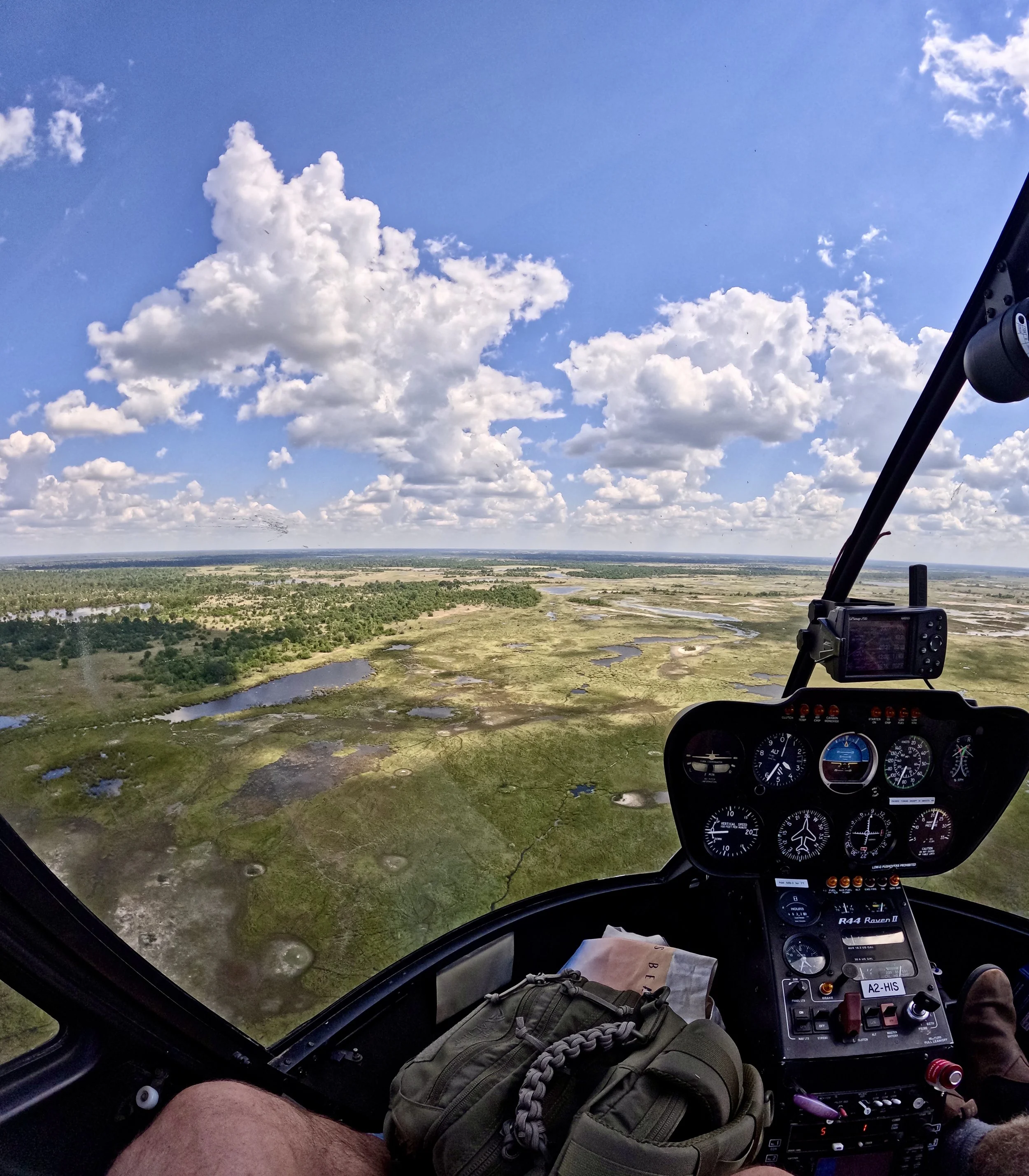 Channels and palm islands of the Okavango Delta seen from a helicopter