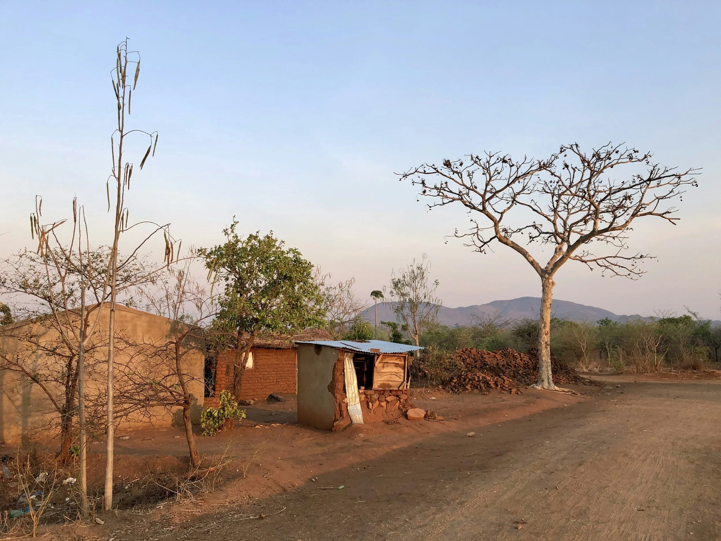 Informal residential settlement in Malawi, with closely spaced houses and buildings along an unpaved road.