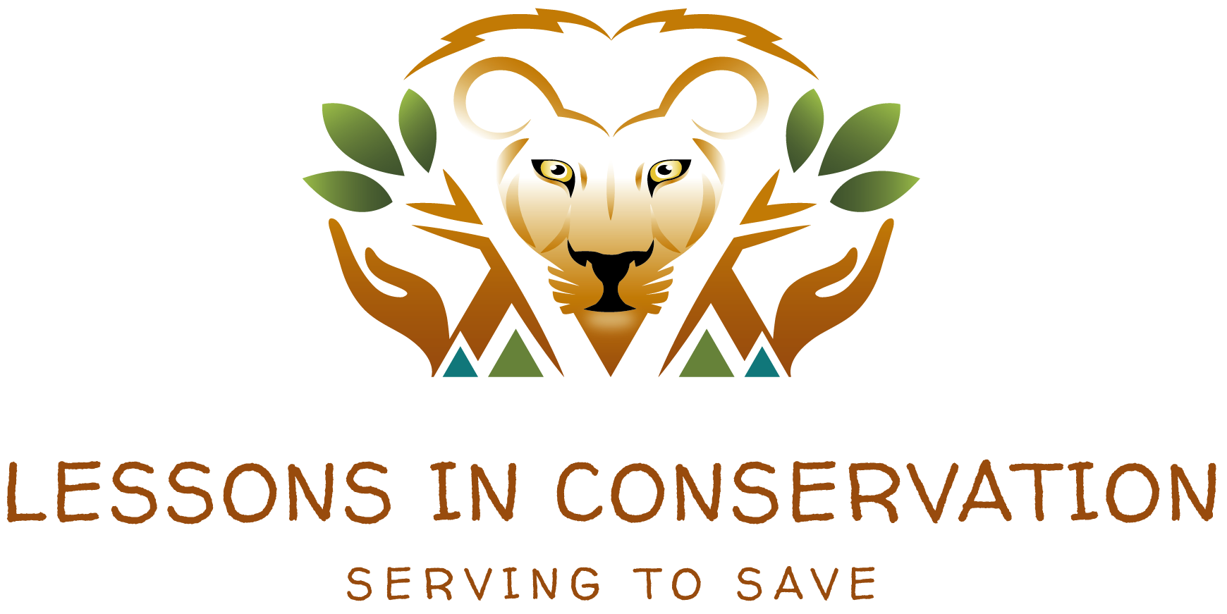Logo featuring a lion's face with a white mane, green leaves, and a mountain range, with the text 'Lessons in Conservation' and 'Serving to Save'.